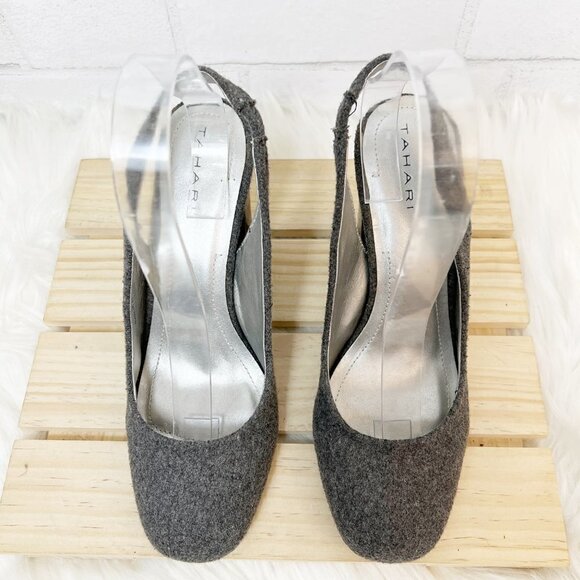 Tahari Pierce Gray Woolen Felt Flannel Slingback Stacked Block Heels Size 8 M - Picture 2 of 7